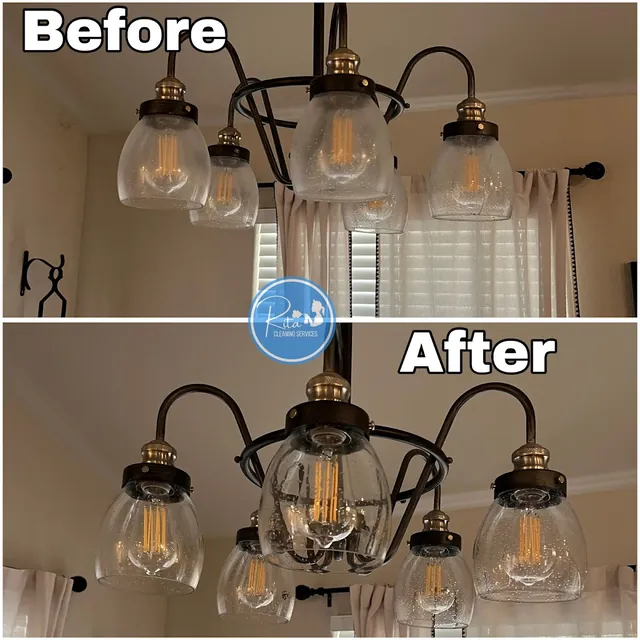 Dusty chandelier before and after deep cleaning, a detail regular cleaning skips