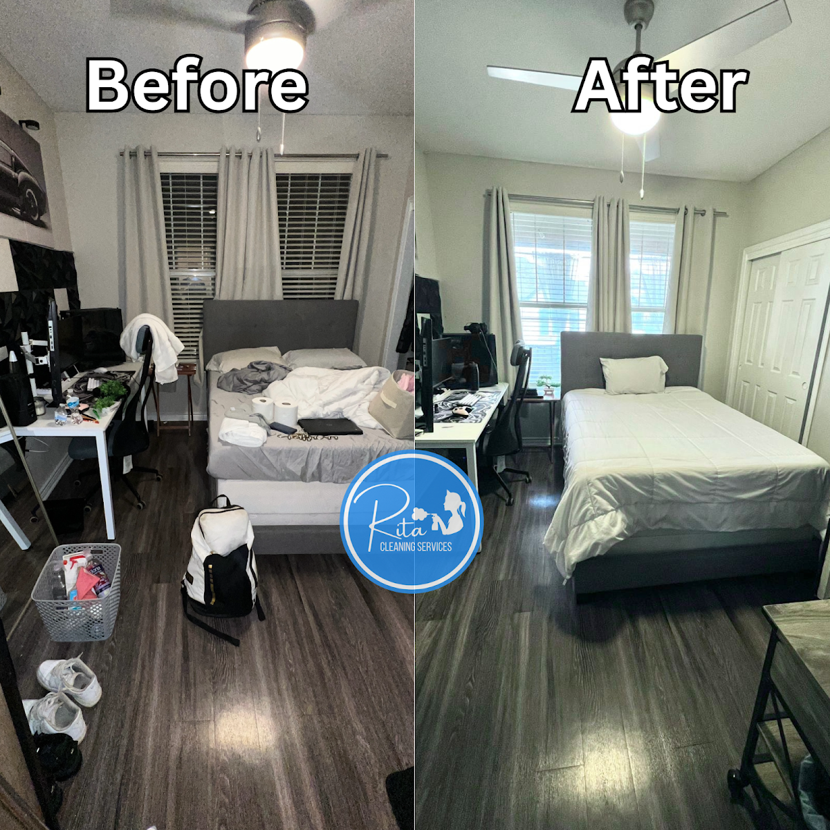 Bedroom before and after cleaning
