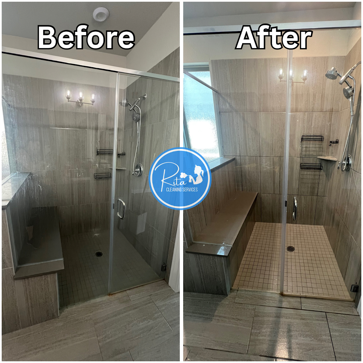 Shower stall before and after cleaning