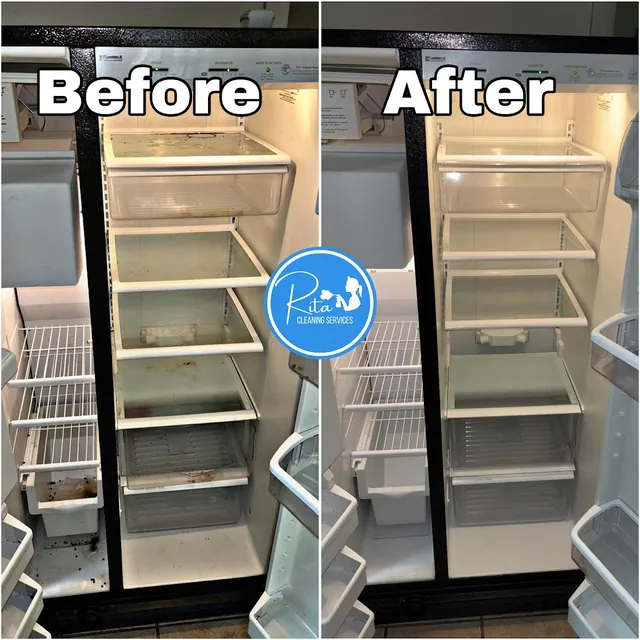 Refrigerator before and after a move-out clean, one of the biggest items on a move-out cleaning checklist